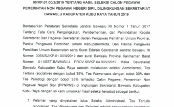 Pengumuman Hasil Seleksi Calon Pegawai Pemerintah Non Pegawai Negeri Sipil Bawaslu Kabupaten Kubu Raya