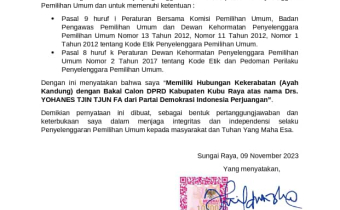 Surat Pernyataan Anggota Bawaslu Kabupaten Kubu Raya